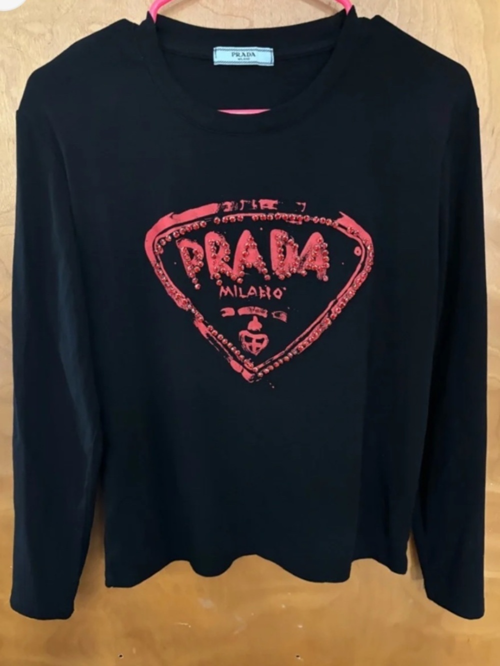 Prada Black Long-Sleeve Logo Tee with Red Graphic